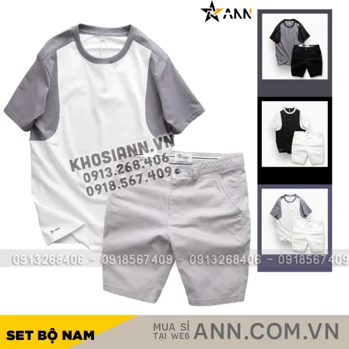 Set Bộ Nam Áo Thun Cổ Tròn Tay Phối Màu Quần Short Kaki Rurumen Cao Cấp
