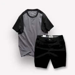 Set Bộ Nam Áo Thun Cổ Tròn Tay Phối Màu Quần Short Kaki Rurumen Cao Cấp