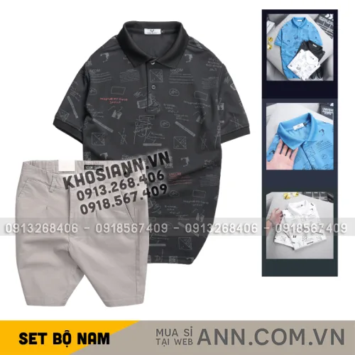 Set Bộ Nam - Áo Thun Nam Polo Cổ Bẻ In Hình Họa Tiết Bền Đẹp Và Quần Short Kaki Co Giãn Phối Nút Cao Cấp (Có Size 36)