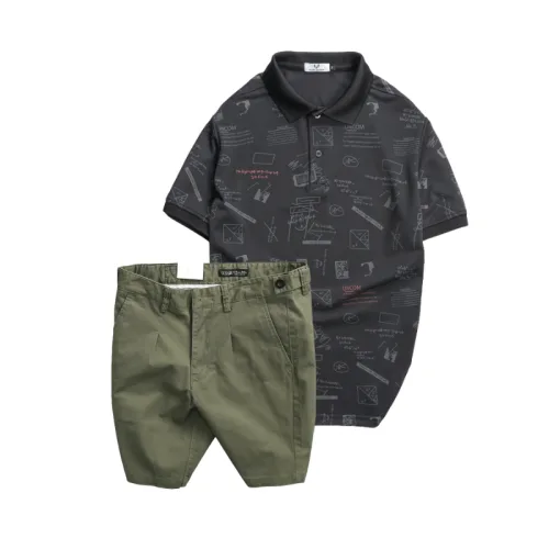 Set Bộ Nam - Áo Thun Nam Polo Cổ Bẻ In Hình Họa Tiết Bền Đẹp Và Quần Short Kaki Co Giãn Phối Nút Cao Cấp (Có Size 36)