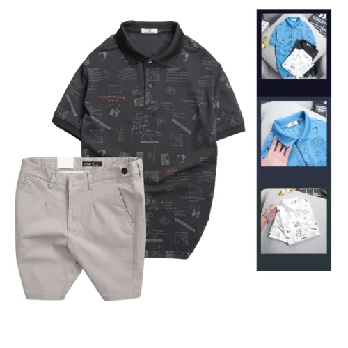 Set Bộ Nam - Áo Thun Nam Polo Cổ Bẻ In Hình Họa Tiết Bền Đẹp Và Quần Short Kaki Co Giãn Phối Nút Cao Cấp (Có Size 36)