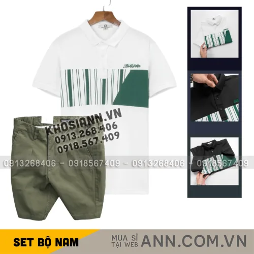 Set Bộ Nam - Áo Thun Nam Polo Cổ Bẻ Phối Họa Tiết Sọc Ngang Cá Sấu Poly - Quần Short Kaki Co Giãn Phối Nút Cao Cấp (Có Size 36)
