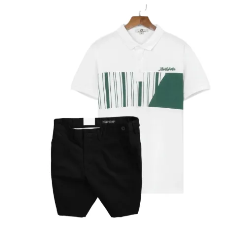 Set Bộ Nam - Áo Thun Nam Polo Cổ Bẻ Phối Họa Tiết Sọc Ngang Cá Sấu Poly - Quần Short Kaki Co Giãn Phối Nút Cao Cấp (Có Size 36)