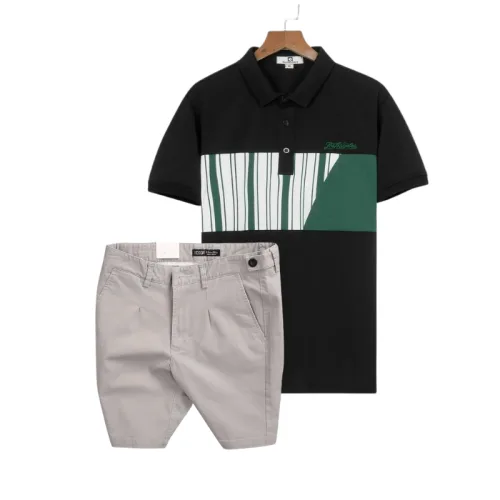 Set Bộ Nam - Áo Thun Nam Polo Cổ Bẻ Phối Họa Tiết Sọc Ngang Cá Sấu Poly - Quần Short Kaki Co Giãn Phối Nút Cao Cấp (Có Size 36)