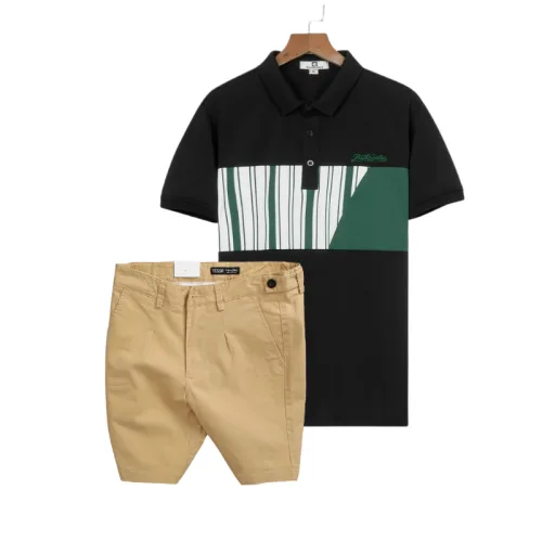 Set Bộ Nam - Áo Thun Nam Polo Cổ Bẻ Phối Họa Tiết Sọc Ngang Cá Sấu Poly - Quần Short Kaki Co Giãn Phối Nút Cao Cấp (Có Size 36)