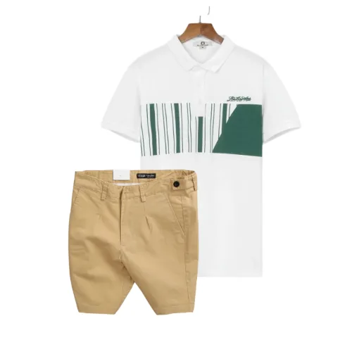 Set Bộ Nam - Áo Thun Nam Polo Cổ Bẻ Phối Họa Tiết Sọc Ngang Cá Sấu Poly - Quần Short Kaki Co Giãn Phối Nút Cao Cấp (Có Size 36)