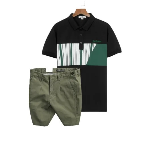 Set Bộ Nam - Áo Thun Nam Polo Cổ Bẻ Phối Họa Tiết Sọc Ngang Cá Sấu Poly - Quần Short Kaki Co Giãn Phối Nút Cao Cấp (Có Size 36)