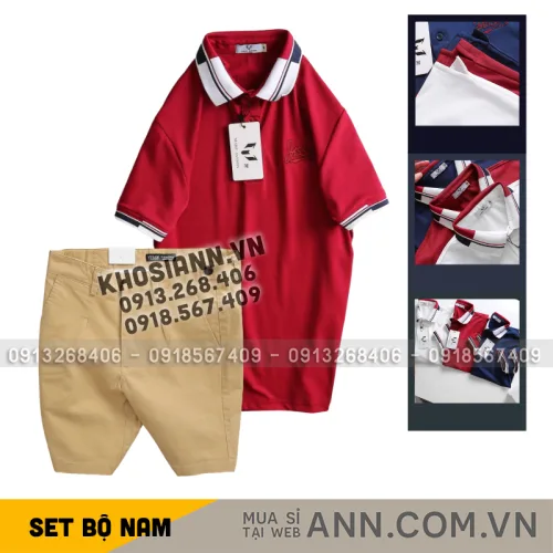 Set Bộ Nam - Áo Thun Nam Polo Cổ Bẻ Phối Sọc Thêu Logo Chữ Trước Ngực Bền Đẹp Và Quần Short Kaki Co Giãn Phối Nút Cao Cấp (Có Size 36)