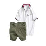 Set Bộ Nam - Áo Thun Nam Polo Cổ Bẻ Phối Sọc Thêu Logo Chữ Trước Ngực Bền Đẹp Và Quần Short Kaki Co Giãn Phối Nút Cao Cấp (Có Size 36)