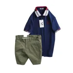 Set Bộ Nam - Áo Thun Nam Polo Cổ Bẻ Phối Sọc Thêu Logo Chữ Trước Ngực Bền Đẹp Và Quần Short Kaki Co Giãn Phối Nút Cao Cấp (Có Size 36)