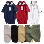 Set Bộ Nam - Áo Thun Nam Polo Cổ Bẻ Phối Sọc Thêu Logo Chữ Trước Ngực Bền Đẹp Và Quần Short Kaki Co Giãn Phối Nút Cao Cấp (Có Size 36)