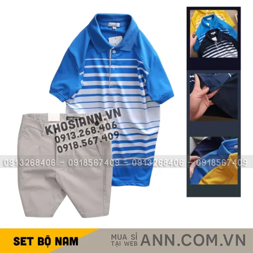 Set Bộ Nam - Áo Thun Nam Polo Cổ Bẻ Phối Sọc Trắng Bền Đẹp Và Quần Short Kaki Co Giãn Phối Nút Cao Cấp (Có Size 36)