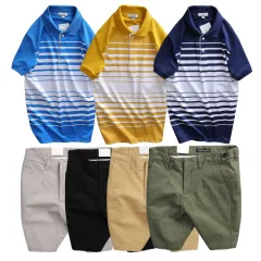 Set Bộ Nam - Áo Thun Nam Polo Cổ Bẻ Phối Sọc Trắng Bền Đẹp Và Quần Short Kaki Co Giãn Phối Nút Cao Cấp (Có Size 36)