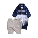 Set Bộ Nam - Áo Thun Nam Polo Cổ Bẻ Phối Sọc Trắng Bền Đẹp Và Quần Short Kaki Co Giãn Phối Nút Cao Cấp (Có Size 36)
