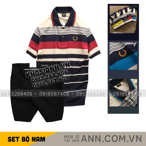 Set Bộ Nam - Áo Thun Nam Polo Cổ Bẻ Phối Sọc Vải Cotton Thêu Logo Hoàng Gia Và Quần Short Kaki Co Giãn Phối Nút Cao Cấp (Có Size 36)