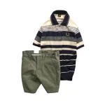 Set Bộ Nam - Áo Thun Nam Polo Cổ Bẻ Phối Sọc Vải Cotton Thêu Logo Hoàng Gia Và Quần Short Kaki Co Giãn Phối Nút Cao Cấp (Có Size 36)