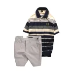 Set Bộ Nam - Áo Thun Nam Polo Cổ Bẻ Phối Sọc Vải Cotton Thêu Logo Hoàng Gia Và Quần Short Kaki Co Giãn Phối Nút Cao Cấp (Có Size 36)