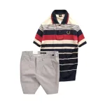 Set Bộ Nam - Áo Thun Nam Polo Cổ Bẻ Phối Sọc Vải Cotton Thêu Logo Hoàng Gia Và Quần Short Kaki Co Giãn Phối Nút Cao Cấp (Có Size 36)