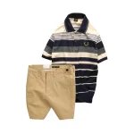 Set Bộ Nam - Áo Thun Nam Polo Cổ Bẻ Phối Sọc Vải Cotton Thêu Logo Hoàng Gia Và Quần Short Kaki Co Giãn Phối Nút Cao Cấp (Có Size 36)