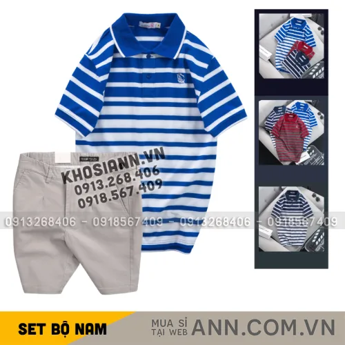 Set Bộ Nam - Áo Thun Nam Polo Cổ Bẻ Sọc Ngang Thêu Logo Trước Ngực Và Quần Short Kaki Co Giãn Phối Nút Cao Cấp (Có Size 36)