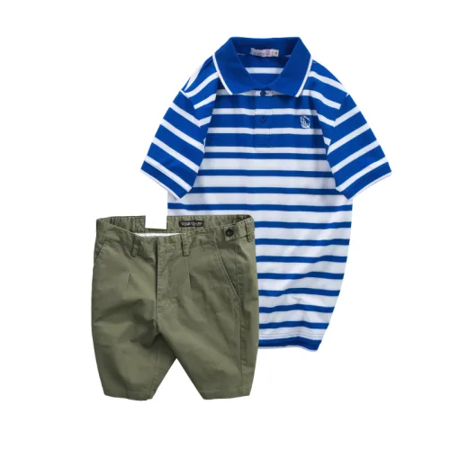 Set Bộ Nam - Áo Thun Nam Polo Cổ Bẻ Sọc Ngang Thêu Logo Trước Ngực Và Quần Short Kaki Co Giãn Phối Nút Cao Cấp (Có Size 36)