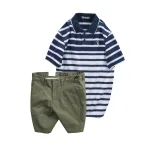 Set Bộ Nam - Áo Thun Nam Polo Cổ Bẻ Sọc Ngang Thêu Logo Trước Ngực Và Quần Short Kaki Co Giãn Phối Nút Cao Cấp (Có Size 36)