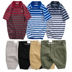 Set Bộ Nam - Áo Thun Nam Polo Cổ Bẻ Sọc Ngang Thêu Logo Trước Ngực Và Quần Short Kaki Co Giãn Phối Nút Cao Cấp (Có Size 36)