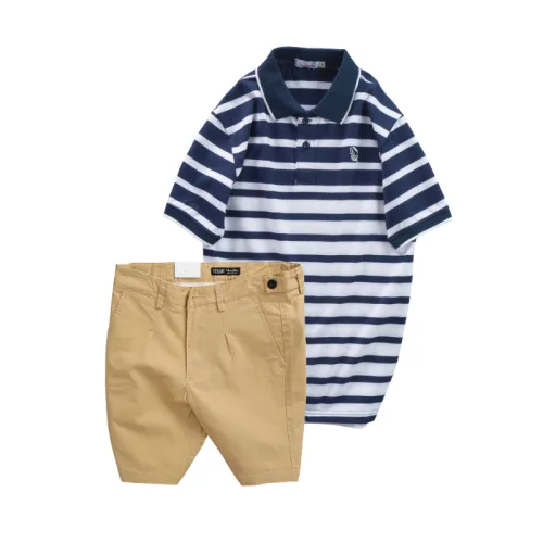 Set Bộ Nam - Áo Thun Nam Polo Cổ Bẻ Sọc Ngang Thêu Logo Trước Ngực Và Quần Short Kaki Co Giãn Phối Nút Cao Cấp (Có Size 36)