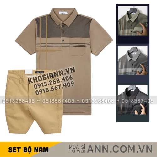 Set Bộ Nam - Áo Thun Nam Polo Cổ Bẻ Sọc Nhuyễn Phối Túi Và Quần Short Kaki Co Giãn Phối Nút Cao Cấp (Có Size 36)