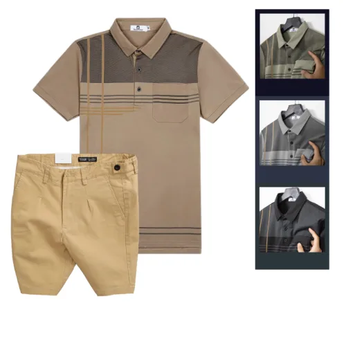 Set Bộ Nam - Áo Thun Nam Polo Cổ Bẻ Sọc Nhuyễn Phối Túi Và Quần Short Kaki Co Giãn Phối Nút Cao Cấp (Có Size 36)