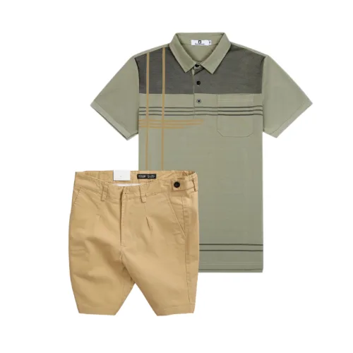 Set Bộ Nam - Áo Thun Nam Polo Cổ Bẻ Sọc Nhuyễn Phối Túi Và Quần Short Kaki Co Giãn Phối Nút Cao Cấp (Có Size 36)