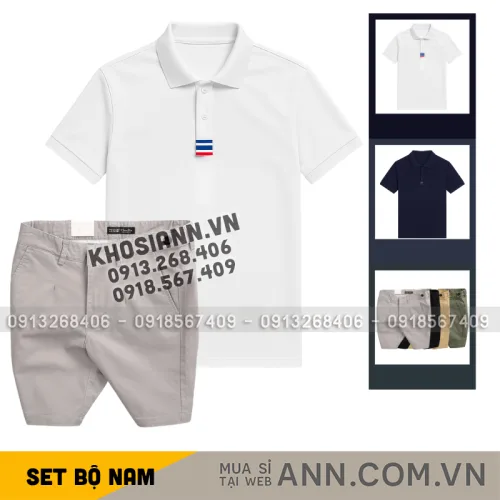 Set Bộ Nam - Áo Thun Nam Polo Cổ Bẻ Thêu 3 Sọc Đỏ Xanh Và Quần Short Kaki Co Giãn Phối Nút Cao Cấp (Có Size 36)