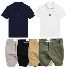 Set Bộ Nam - Áo Thun Nam Polo Cổ Bẻ Thêu 3 Sọc Đỏ Xanh Và Quần Short Kaki Co Giãn Phối Nút Cao Cấp (Có Size 36)
