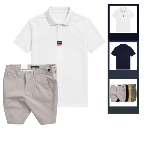 Set Bộ Nam - Áo Thun Nam Polo Cổ Bẻ Thêu 3 Sọc Đỏ Xanh Và Quần Short Kaki Co Giãn Phối Nút Cao Cấp (Có Size 36)