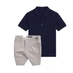 Set Bộ Nam - Áo Thun Nam Polo Cổ Bẻ Thêu 3 Sọc Đỏ Xanh Và Quần Short Kaki Co Giãn Phối Nút Cao Cấp (Có Size 36)
