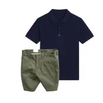 Set Bộ Nam - Áo Thun Nam Polo Cổ Bẻ Thêu 3 Sọc Đỏ Xanh Và Quần Short Kaki Co Giãn Phối Nút Cao Cấp (Có Size 36)