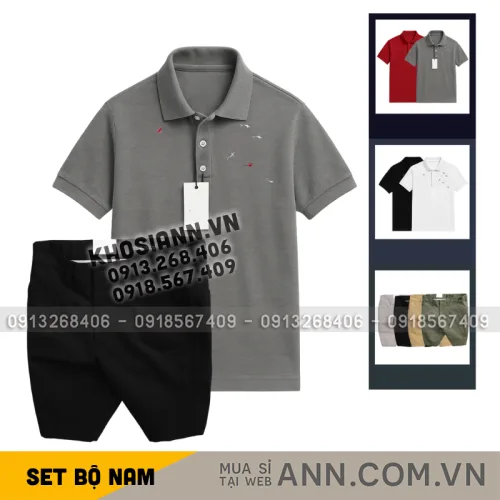 Set Bộ Nam - Áo Thun Nam Polo Cổ Bẻ Thêu Cá Mập Trước Ngực Và Quần Short Kaki Co Giãn Phối Nút Cao Cấp (Có Size 36)