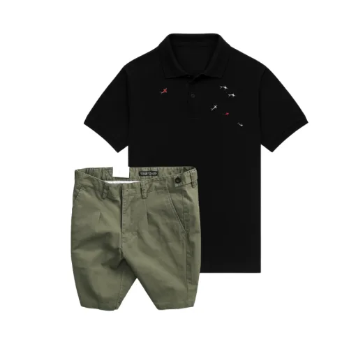 Set Bộ Nam - Áo Thun Nam Polo Cổ Bẻ Thêu Cá Mập Trước Ngực Và Quần Short Kaki Co Giãn Phối Nút Cao Cấp (Có Size 36)