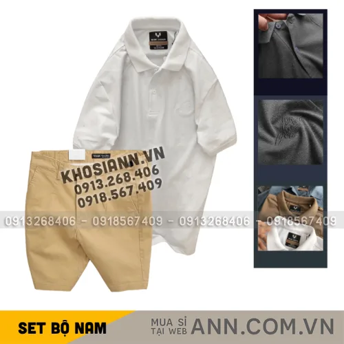 Set Bộ Nam - Áo Thun Nam Polo Cổ Bẻ Thêu Chữ Trước Ngực Cao Cấp Và Quần Short Kaki Co Giãn Phối Nút Cao Cấp (Có Size 36)