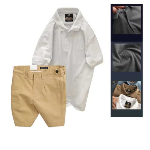 Set Bộ Nam - Áo Thun Nam Polo Cổ Bẻ Thêu Chữ Trước Ngực Cao Cấp Và Quần Short Kaki Co Giãn Phối Nút Cao Cấp (Có Size 36)