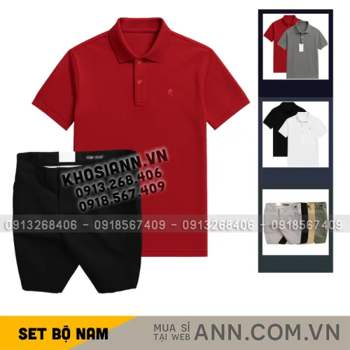 Set Bộ Nam - Áo Thun Nam Polo Cổ Bẻ Thêu Logo Chữ R Trước Ngực Và Quần Short Kaki Co Giãn Phối Nút Cao Cấp (Có Size 36)