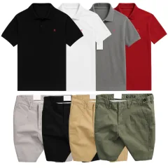 Set Bộ Nam - Áo Thun Nam Polo Cổ Bẻ Thêu Logo Chữ R Trước Ngực Và Quần Short Kaki Co Giãn Phối Nút Cao Cấp (Có Size 36)