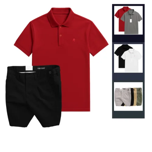 Set Bộ Nam - Áo Thun Nam Polo Cổ Bẻ Thêu Logo Chữ R Trước Ngực Và Quần Short Kaki Co Giãn Phối Nút Cao Cấp (Có Size 36)