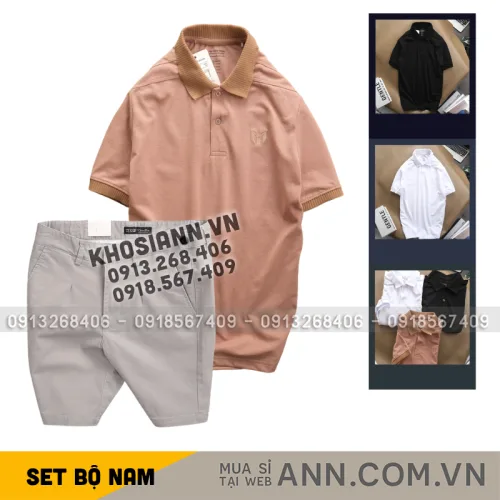 Set Bộ Nam - Áo Thun Nam Polo Cổ Bẻ Thêu Logo Trước Ngực Và Quần Short Kaki Co Giãn Phối Nút Cao Cấp (Có Size 36)