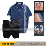 Set Bộ Nam - Áo Thun Nam Polo Cổ Bẻ Vải Cá Sấu Poly Phối Họa Tiết Sọc Và Quần Short Kaki Co Giãn Phối Nút Cao Cấp (Có Size 36)