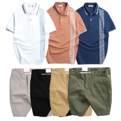 Set Bộ Nam - Áo Thun Nam Polo Cổ Bẻ Vải Cá Sấu Poly Phối Họa Tiết Sọc Và Quần Short Kaki Co Giãn Phối Nút Cao Cấp (Có Size 36)