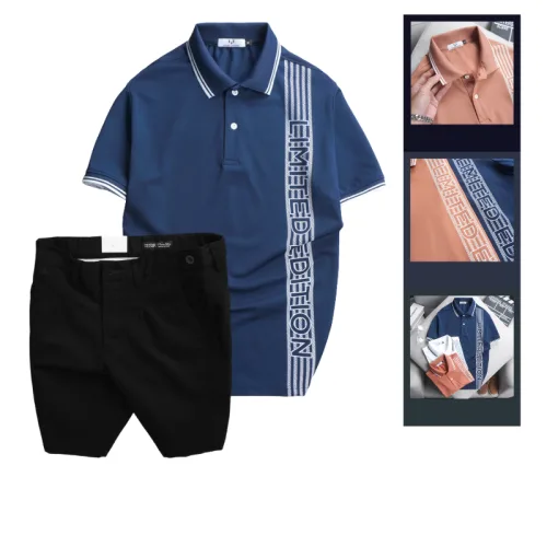 Set Bộ Nam - Áo Thun Nam Polo Cổ Bẻ Vải Cá Sấu Poly Phối Họa Tiết Sọc Và Quần Short Kaki Co Giãn Phối Nút Cao Cấp (Có Size 36)