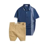 Set Bộ Nam - Áo Thun Nam Polo Cổ Bẻ Vải Cá Sấu Poly Phối Họa Tiết Sọc Và Quần Short Kaki Co Giãn Phối Nút Cao Cấp (Có Size 36)