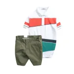 Set Bộ Nam - Áo Thun Nam Polo Cổ Bẻ Vải Thun Cá Sấu Poly Phối Kẻ Sọc Màu Và Quần Short Kaki Co Giãn Phối Nút Cao Cấp (Có Size 36)