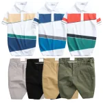 Set Bộ Nam - Áo Thun Nam Polo Cổ Bẻ Vải Thun Cá Sấu Poly Phối Kẻ Sọc Màu Và Quần Short Kaki Co Giãn Phối Nút Cao Cấp (Có Size 36)